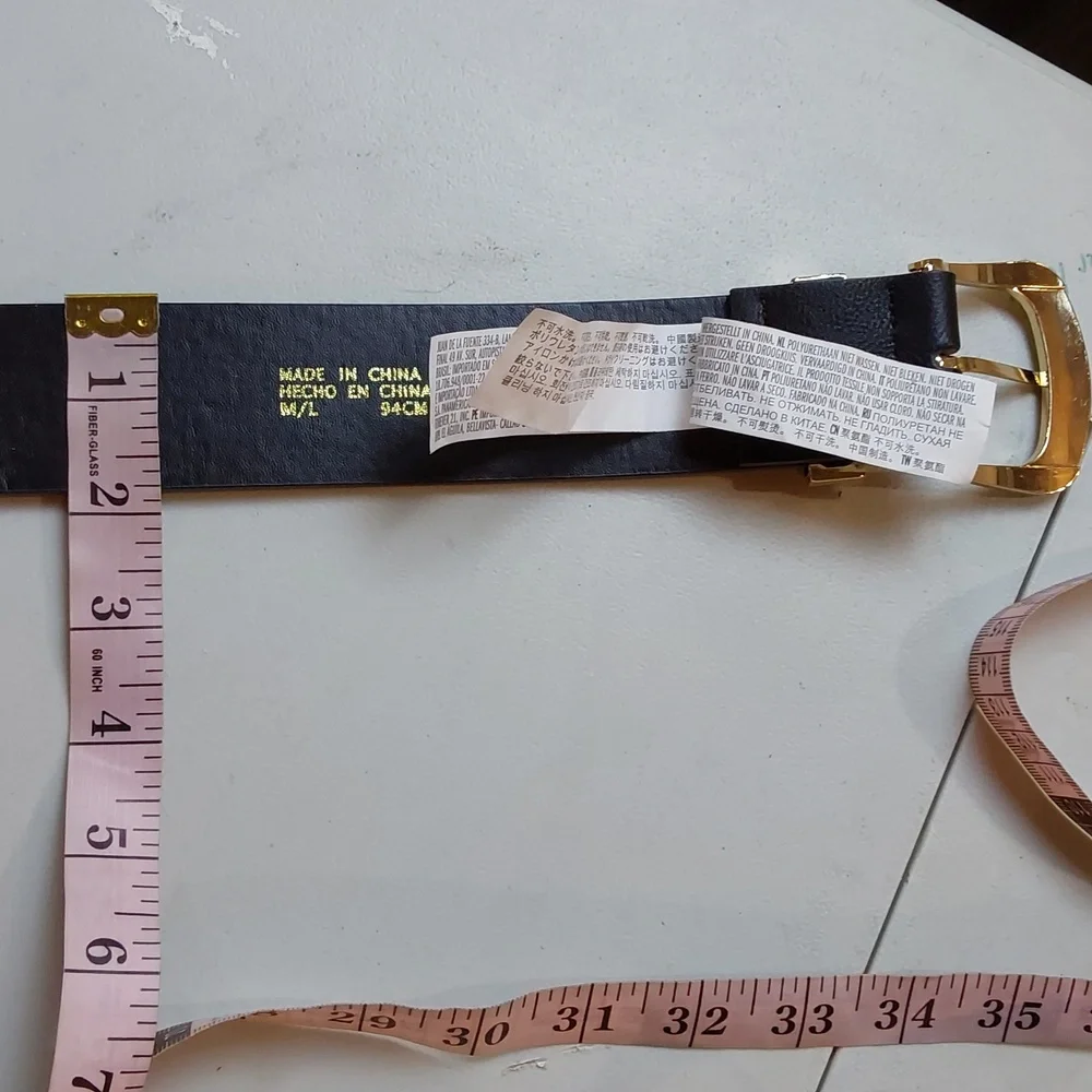 Womens Edgy Black Leather Belt with Double Gold Buckles Adjustable Mod Sz.M/L